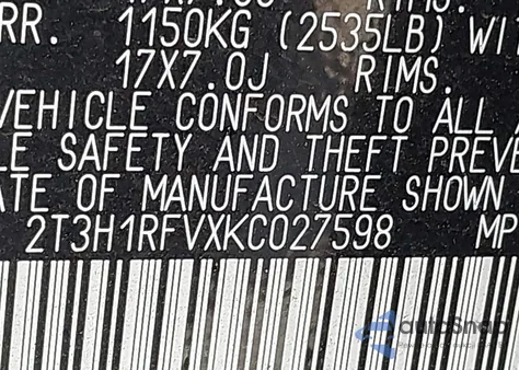 2019 Toyota Rav4 Le из США, поврежденный, VIN 2T3H1RFVXKC027598